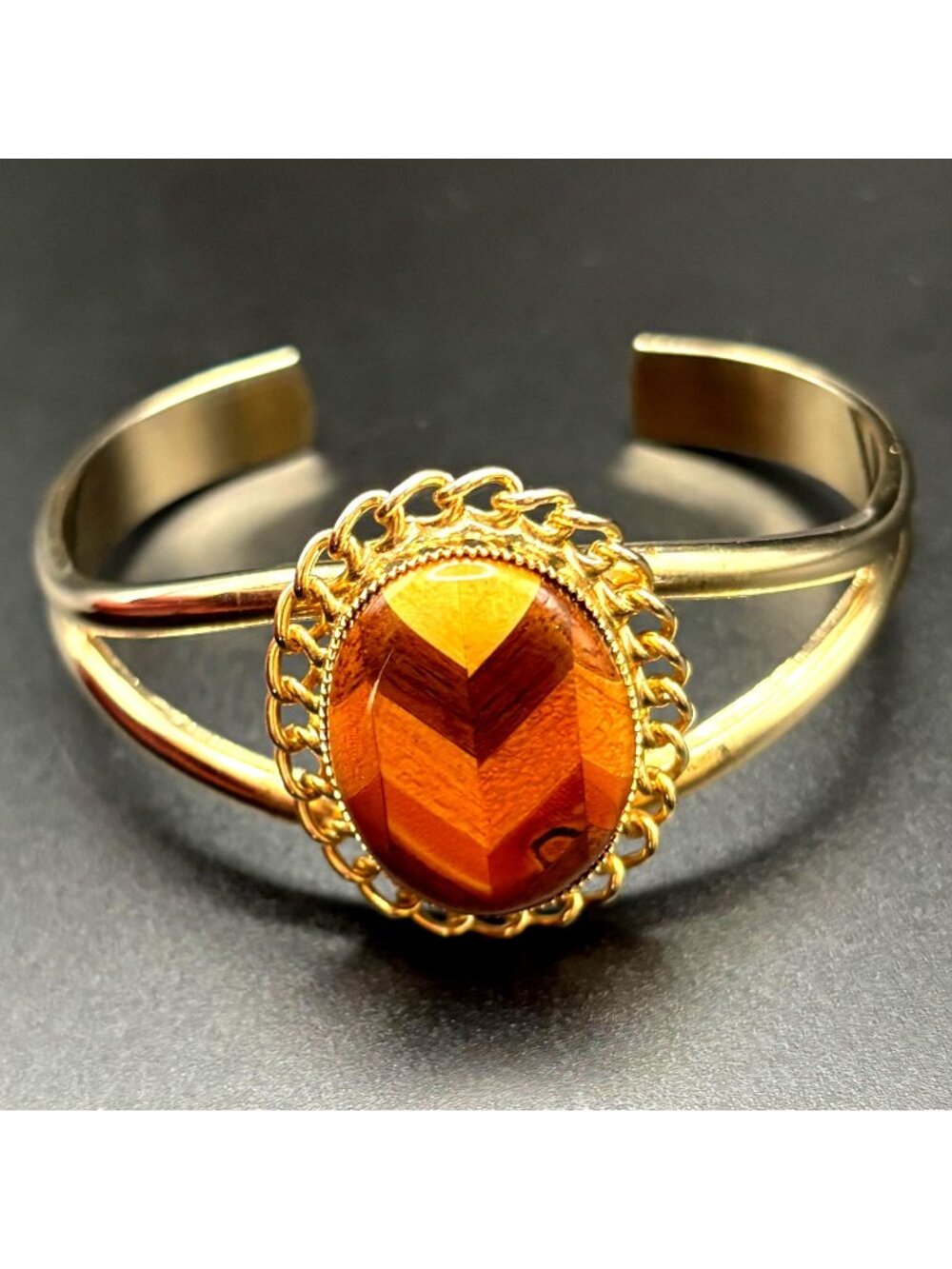 Vintage Hakone Wood Marquetry Chevron Cuff Bracelet 1.5" Gold Tone Mid Century